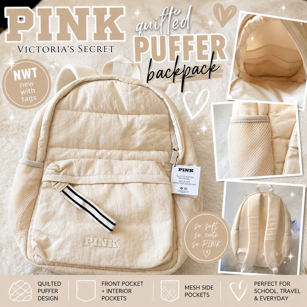 NWT PINK Victoria’s Secret Quilted Puffer Backpack White Shell Ivory